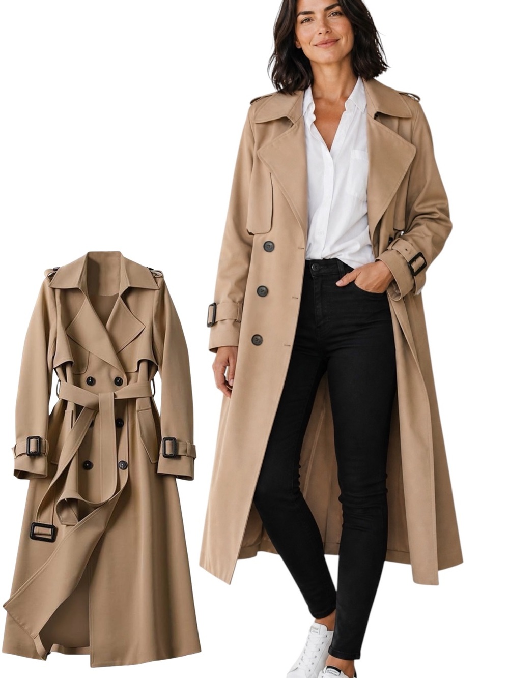 new Classic Double-Breasted Belted Long Camel Trench Coat, Full-Length Overcoat